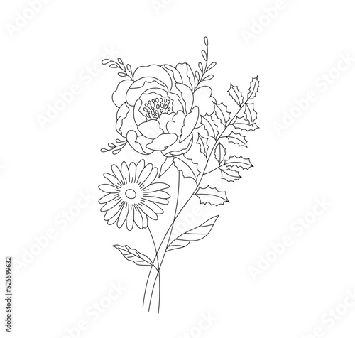 Vector isolated beautiful flower bouquet with rore and camomile colorless black and white contour line easy drawing