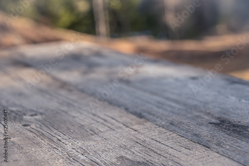 Wooden table with old boards in pine forest. Preparation for reception is written, place of rest. Picnic in nature. In blur trunks of trees located in taiga