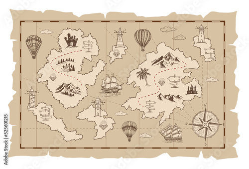 Old treasure map vector sketch. Hand drawn illustrations, vector.