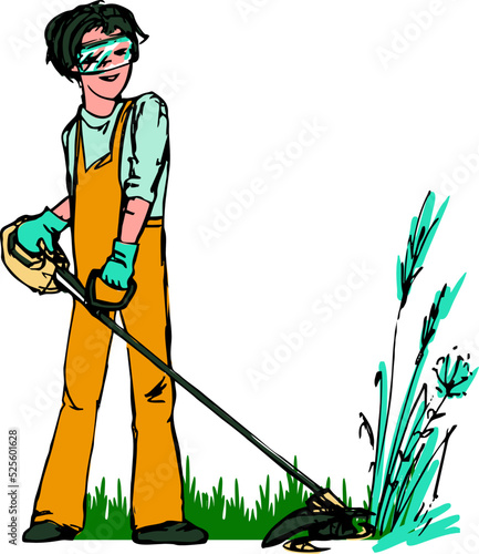 Image of a man who mows the grass with a trimmer.
