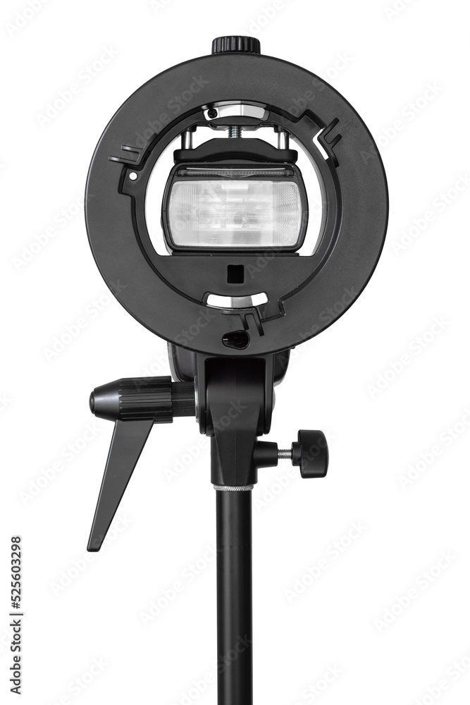 Speedlight flash, bracket and stand isolated on white