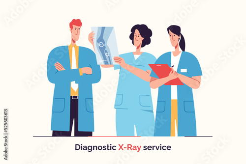 Group of doctors are examining x-ray image. Vector illustration