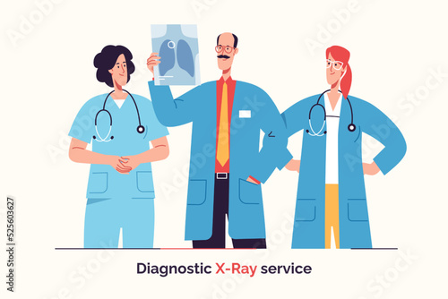 Group of doctors are examining x-ray image. Vector illustration