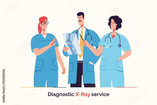 Group of doctors are examining x-ray image. Vector illustration