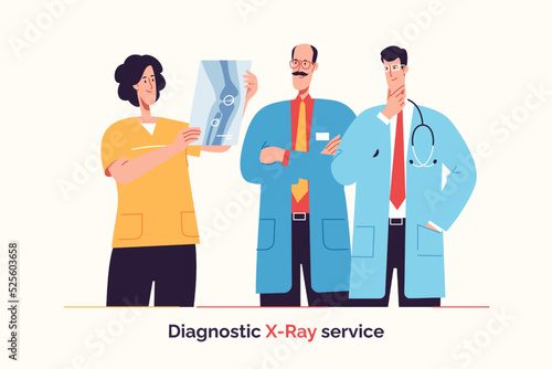 Group of doctors are examining x-ray image. Vector illustration