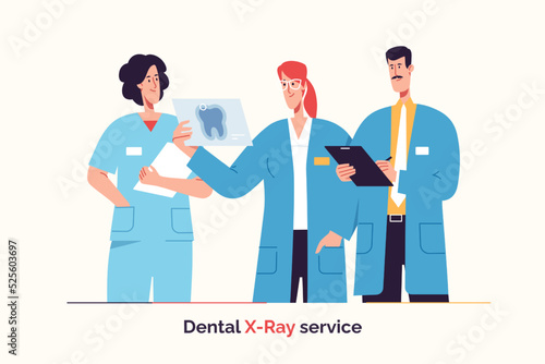 Group of dentists are discussing dental x-ray result. Vector illustration
