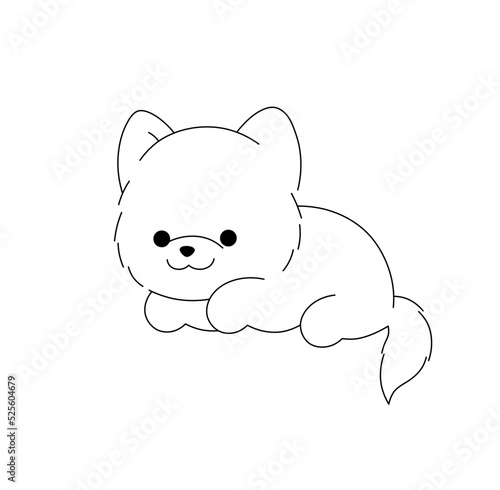 Vector isolated cute cartoon lying dog lapdog spitz colorless black and white contour line easy drawing