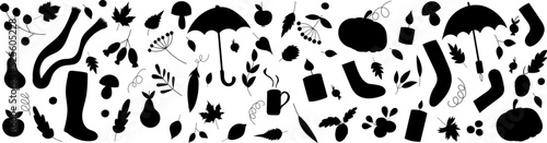 autumn silhouette set, pumpkin, umbrella, socks isolated, vector
