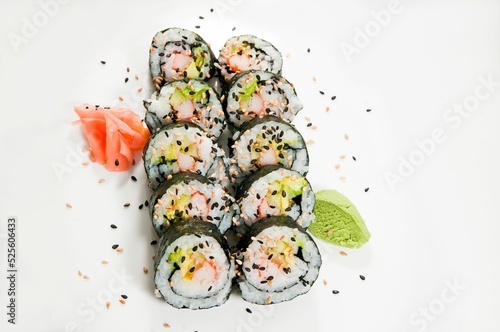 Fototapeta Closeup of sushi with wasabi isolated on a white background