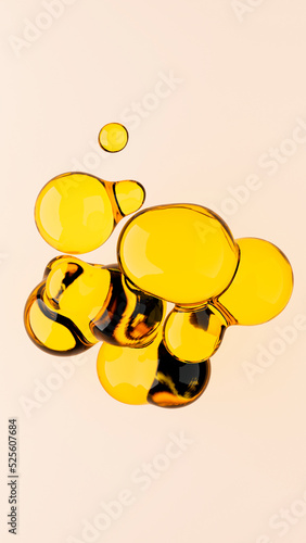 3d rendering illustration of oil drops on isolated light yellow background. Transparent realistic liquid shapes. Beauty industry concepts