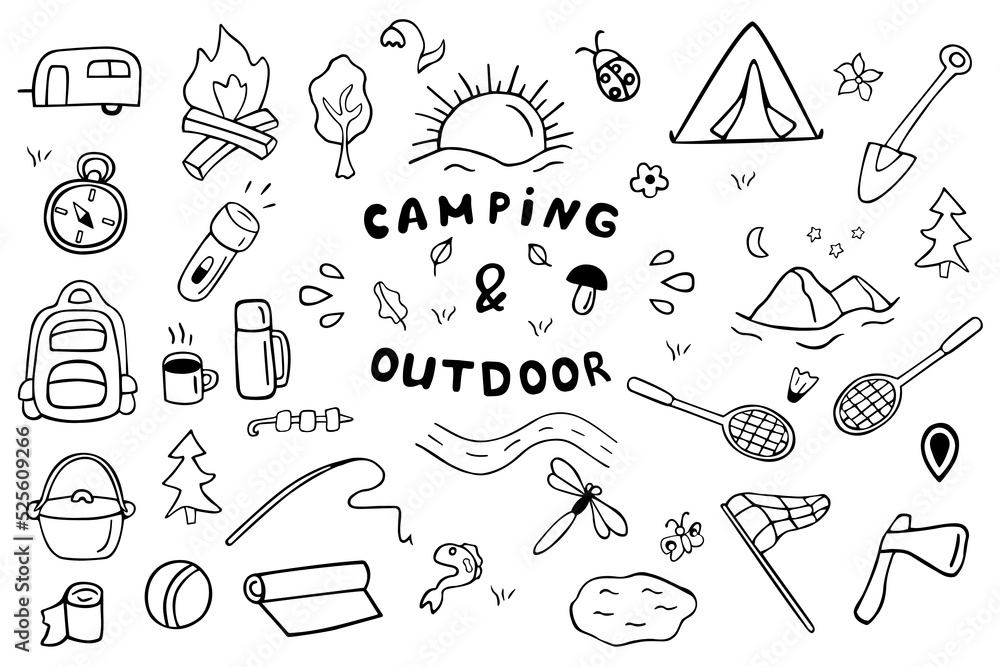 Set of camping and hiking elements in doodle style. Picnic, travel ...