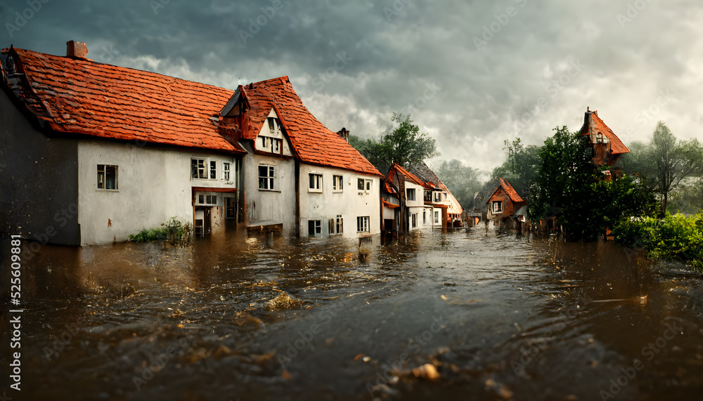 Überschwemmung von Häusern und Ortschaften durch einen Fluss