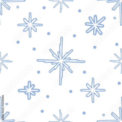 Seamless pattern with blue fantasy snowfkakes wth dots on white background Vector illustration in a simple flat style for wrapping paper, textile, fabric and packaging decoration 