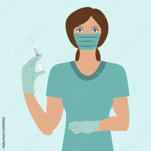 A masked nurse holds a syringe in her hand.
