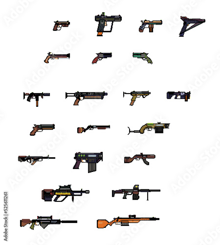 Editable and pixelated guns and different weapons on a white background