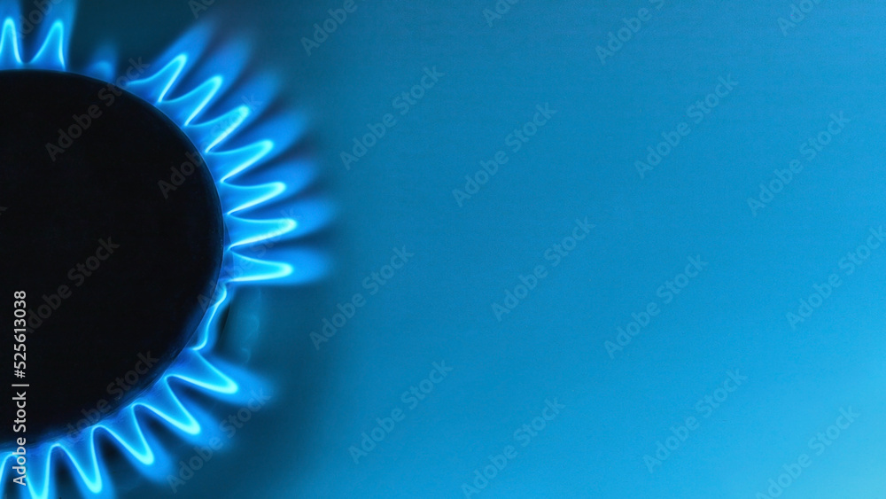 blue natural gas flame with space for text on light blue background - obrazy, fototapety, plakaty 
