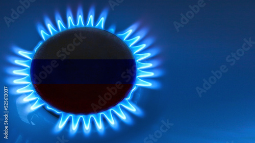 Obraz na plátně top view of burner with lit natural gas with space for text on blue background