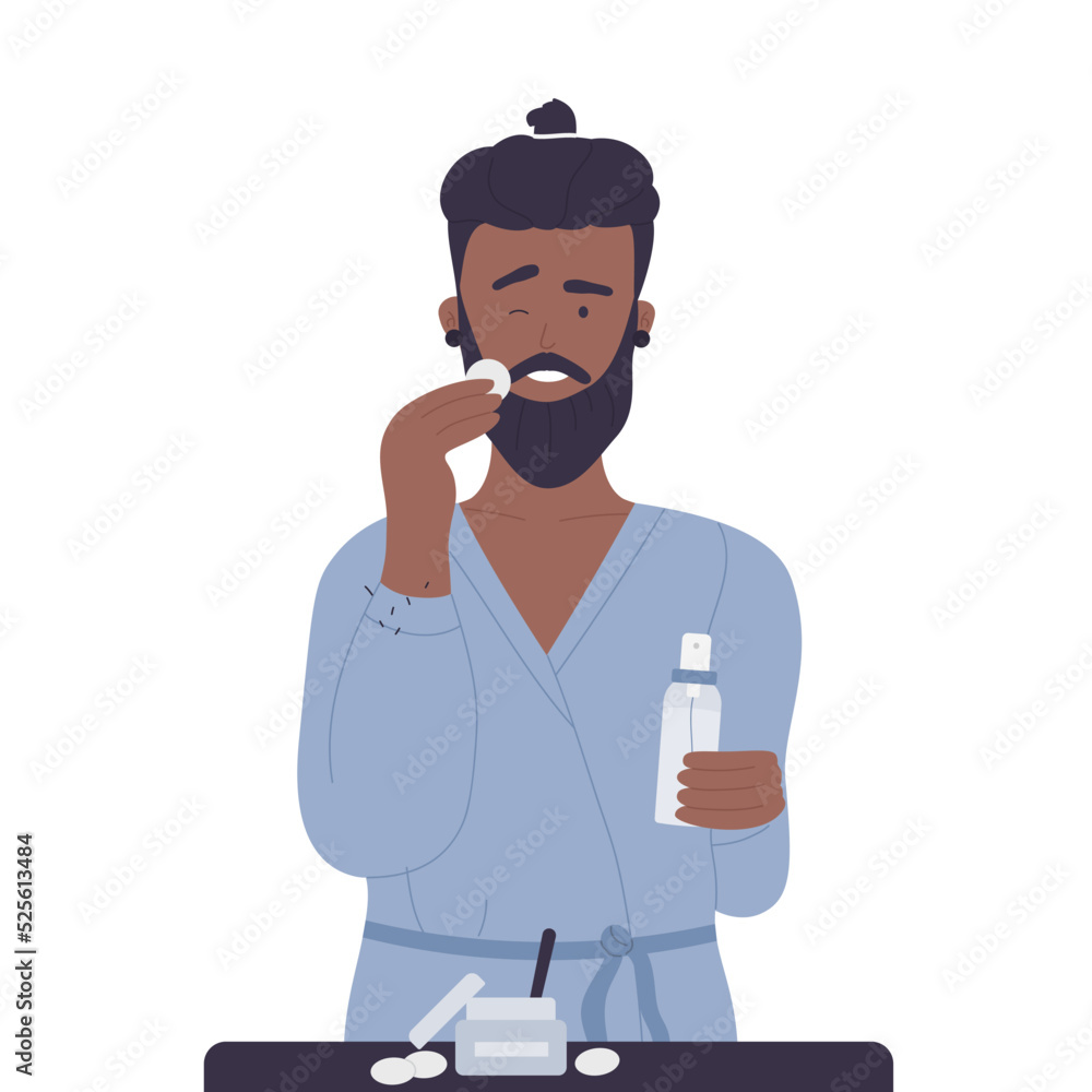 Hipster man taking face care. Morning daily routine, hygienic procedures vector illustration