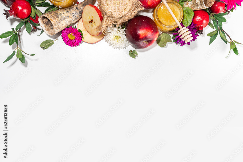 Happy Rosh Hashanah background. jewish New Year Rosh Hashana holiday postcard greeting background, with traditional religion symbols - apple, honey, pomegranate, shofar, flatlay copy space Happy Rosh Hashanah background. jewish New Year Rosh Hashana holiday postcard greeting background, with traditional religion symbols - apple, honey, pomegranate, shofar, flatlay copy space