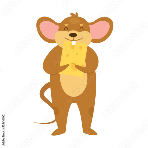 Funny mouse eating cheese. Stolen food  feeding rat time vector illustration