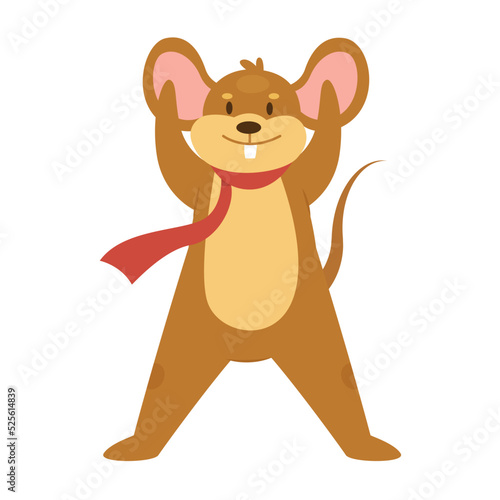 Happy mouse with scarf. Cute rodent animal, standing little rat vector illustration