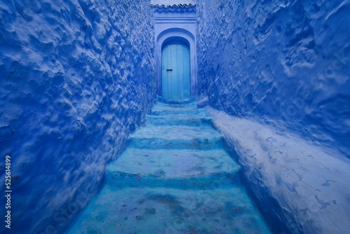 Beautiful shot of a staircase leading to an arched door in Chefchaouen, the Blue Pearl of Morocco © Wirestock Creators