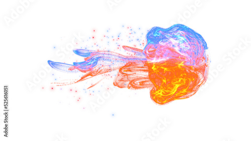 Jellyfish swimming, Colorful red blue glittering particles flow smooth ink swirling in water. 3D Rendering Vertical video.