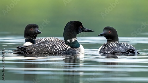 Group of three loons floating in the lake