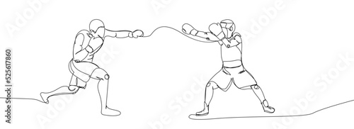 Boxers fight one line art. Continuous line drawing boxing, protective mask, boxing gloves, fight, athletes, battle, man, competition, sport, boxing ring.