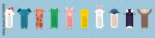Multiplication table with square animals. Printed bookmarks or stickers with cute kawaii animals. Children s design in a flat style.