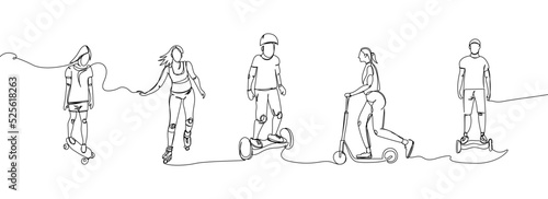 People ride on a skateboard, roller skates, scooter, gyro, hoverboard set one line art. Continuous line drawing sport, leisure, teenager, street culture, urban, extreme, youth man, stadium.