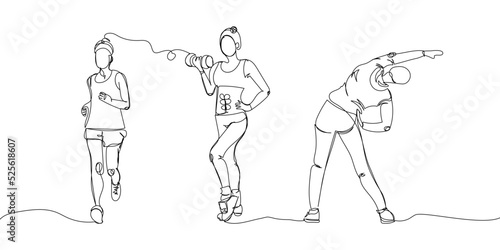 Fitness girls, training set one line art. Continuous line drawing sports, fitness, pilates, athletics, strength, athletic, stretching lateral muscles, side to side tilts ,running, woman, gym, workout.
