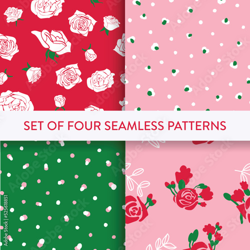 Trendy pattern set with rosebud, polka dot, drop in red, pink, white, green colors. Vector illustration. Pattern collection for print, wallpaper, textile, fashion, gift wrap, wrapping paper.