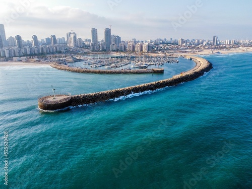 Beautiful view of the Ashdod Marina and a city with skyscrapers photo
