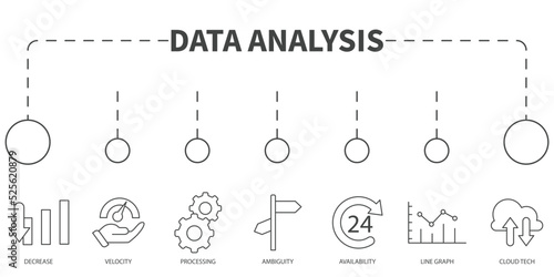 Data analysis Vector Illustration concept. Banner with icons and keywords . Data analysis symbol vector elements for infographic web