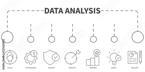Data analysis Vector Illustration concept. Banner with icons and keywords . Data analysis symbol vector elements for infographic web