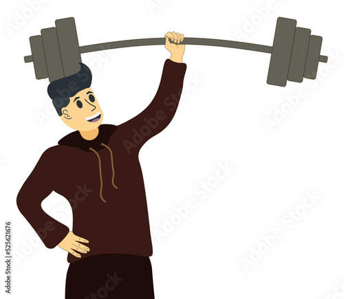 Man copes with all the difficulties of life. Leadership concept, a strong man demonstrates his strength by lifting heavy weight easily. Holds a barbell with a weight in one hand. Vector illustration.
