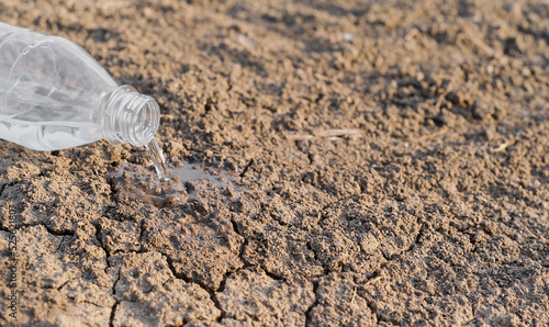Selective focus of dry cracked earth due to drought, water is poured from a plastic bottle, crisis and drought in Asia, critically hot summer, lack of water