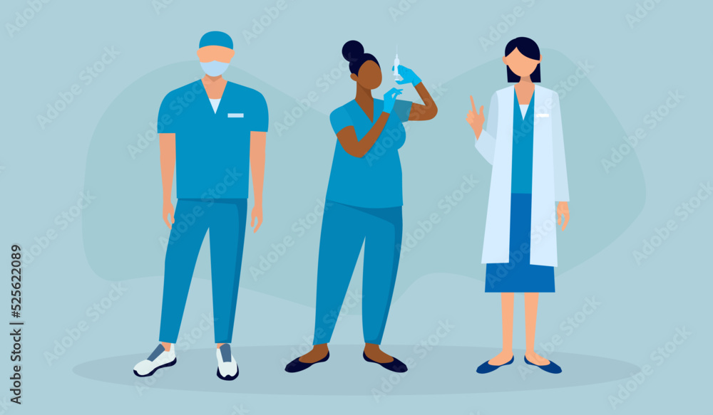 A medical team of three stands with different accessories for doctors