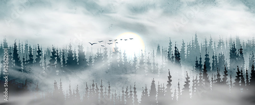 Landscape art background with forest and hills in the fog with the sun on the background in blue tones. Nature banner in watercolor style for wallpaper, print, decor, textile, interior design.
