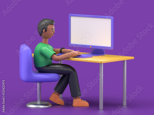 3D illustration of handsome afro man David using laptop with blank screen on desk in home interior.3D rendering on purple background.