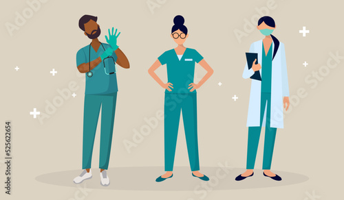 The doctor and nurses are standing in the hospital and waiting for work