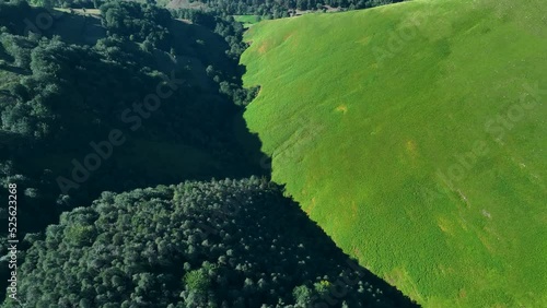 View from a drone of the valleys, forests and cabins of Pas in the surroundings of Vegas de Pas. Mounts of Picones del Pisueña and Castro Valnera. Mountains of the Pasiegos Valleys. Cantabria. Spain.  photo