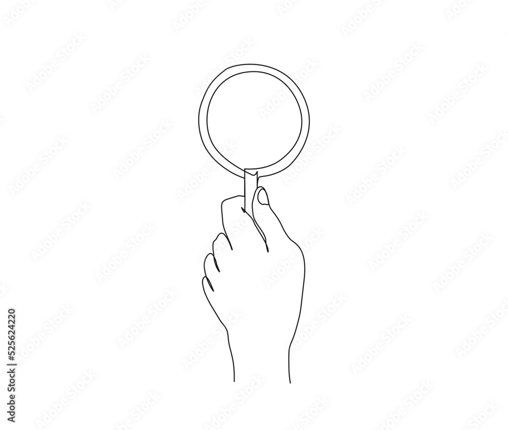 Continuous line drawing of magnifying glass. Hand holding magnifying