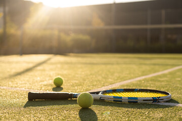 tennis balls and racket on the green grass background
