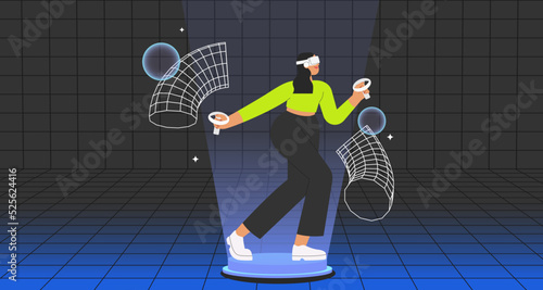 Metaverse entertainment. Flat vector illustration with woman wearing virtual reality glasses and VR headsets, interacting and exploring a virtual world. Concept of future innovations.