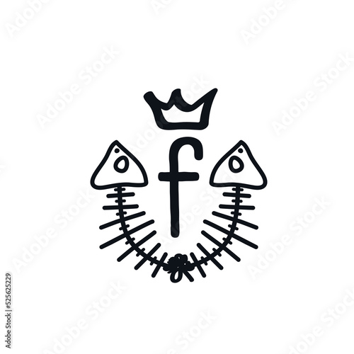 Fish wreath logo icon sign Coat of arms of children's game club Letter f emblem Hand drawn Doodle design Cartoon style Fashion print for clothes apparel greeting invitation card flyer cover poster ad
