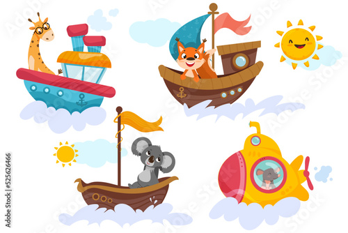 Set of cute childish animals sailing on maritime transport. Funny koala in sea boat, mouse in submarine, smiling fox in ship and giraffe in steamship. Cartoon baby captain characters in marine journey