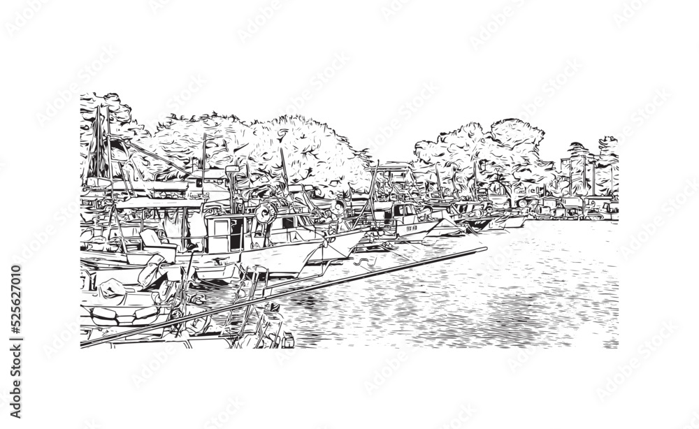 Obraz premium Building view with landmark of Novigrad is a free city within Redania. Hand drawn sketch illustration in vector.