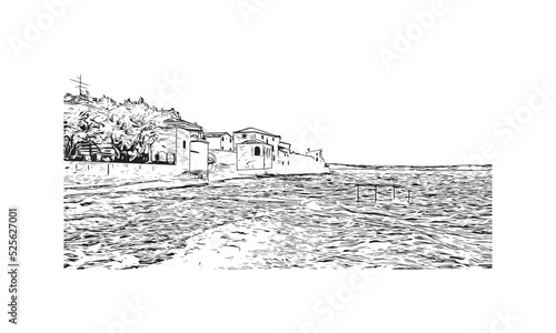 Building view with landmark of Novigrad is a free city within Redania. Hand drawn sketch illustration in vector.